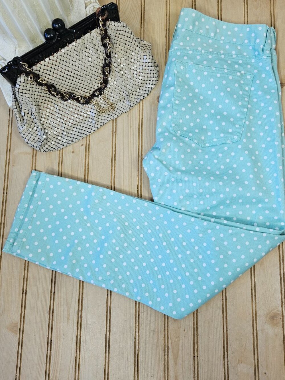 J. Crew Size 27 Mint Green Polka Dot Cropped Matchstick Jeans Low Rise Stretch